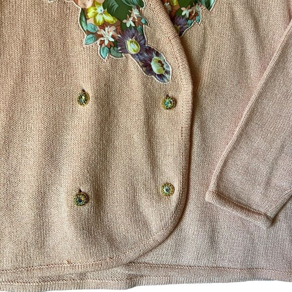 VTG 80s Satin Knit Cardigan Womens Sz L Pastel Floral Applique Jeweled Fairycore - Picture 7 of 16